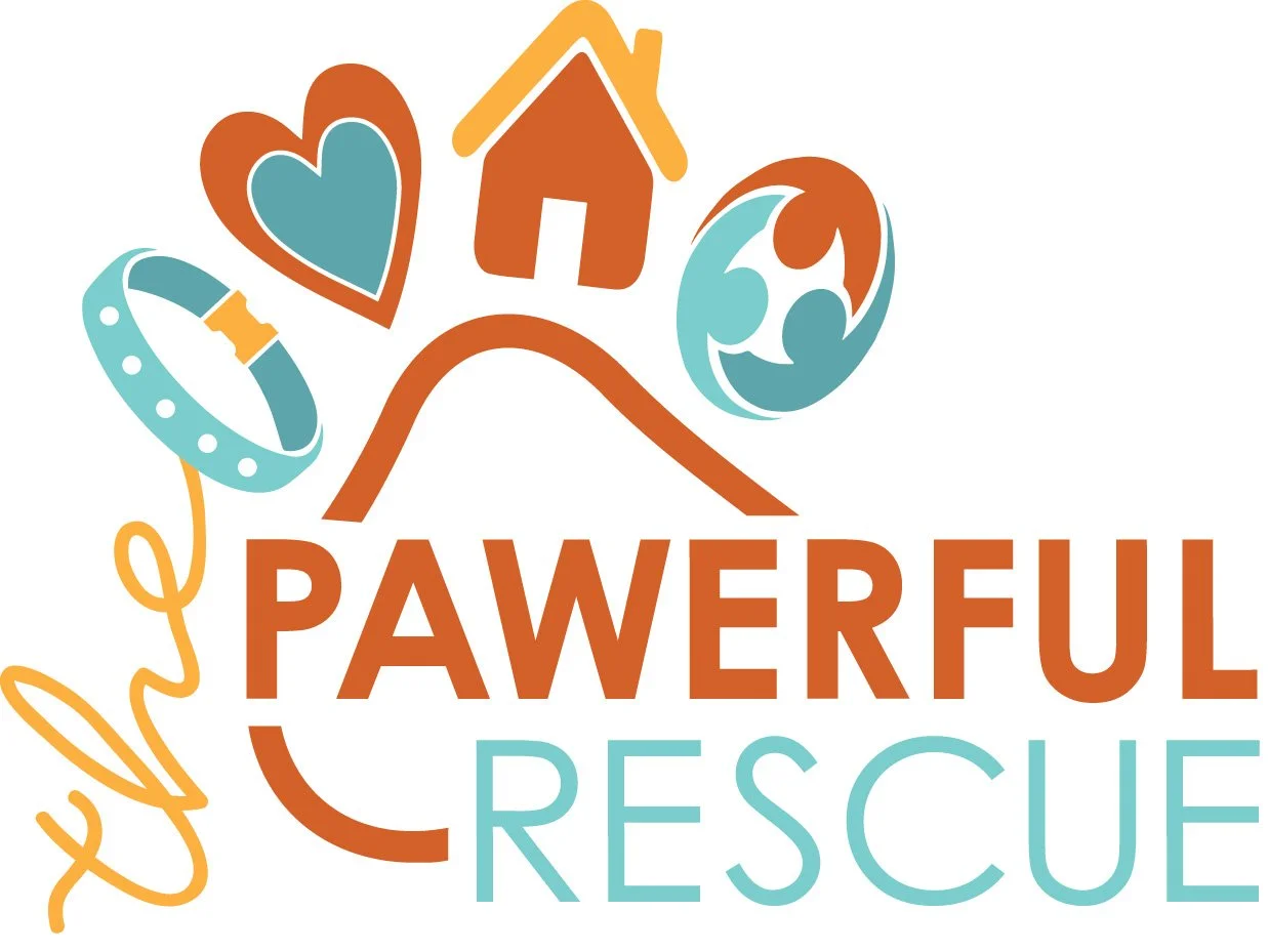 Logo for Powerful Rescue featuring a house, a heart, a dog, a person, a lanyard, and a collar with the words "Powerful Rescue" in bold orange and blue text.