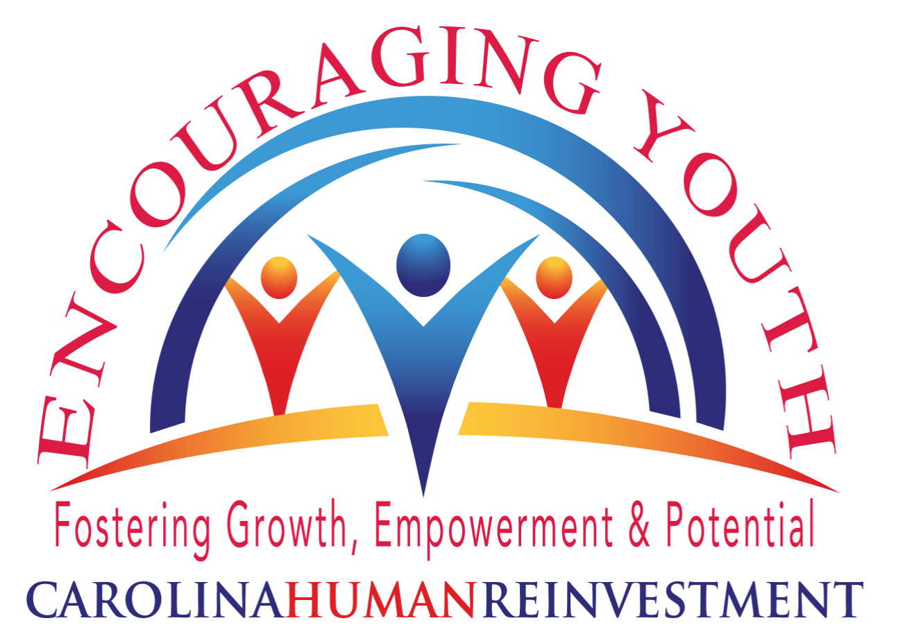 Logo for 'Empowering Youth' organization featuring three colorful abstract human figures with outstretched arms, a rainbow-shaped arc, and text promoting growth, empowerment, potential, and human reinvestment.