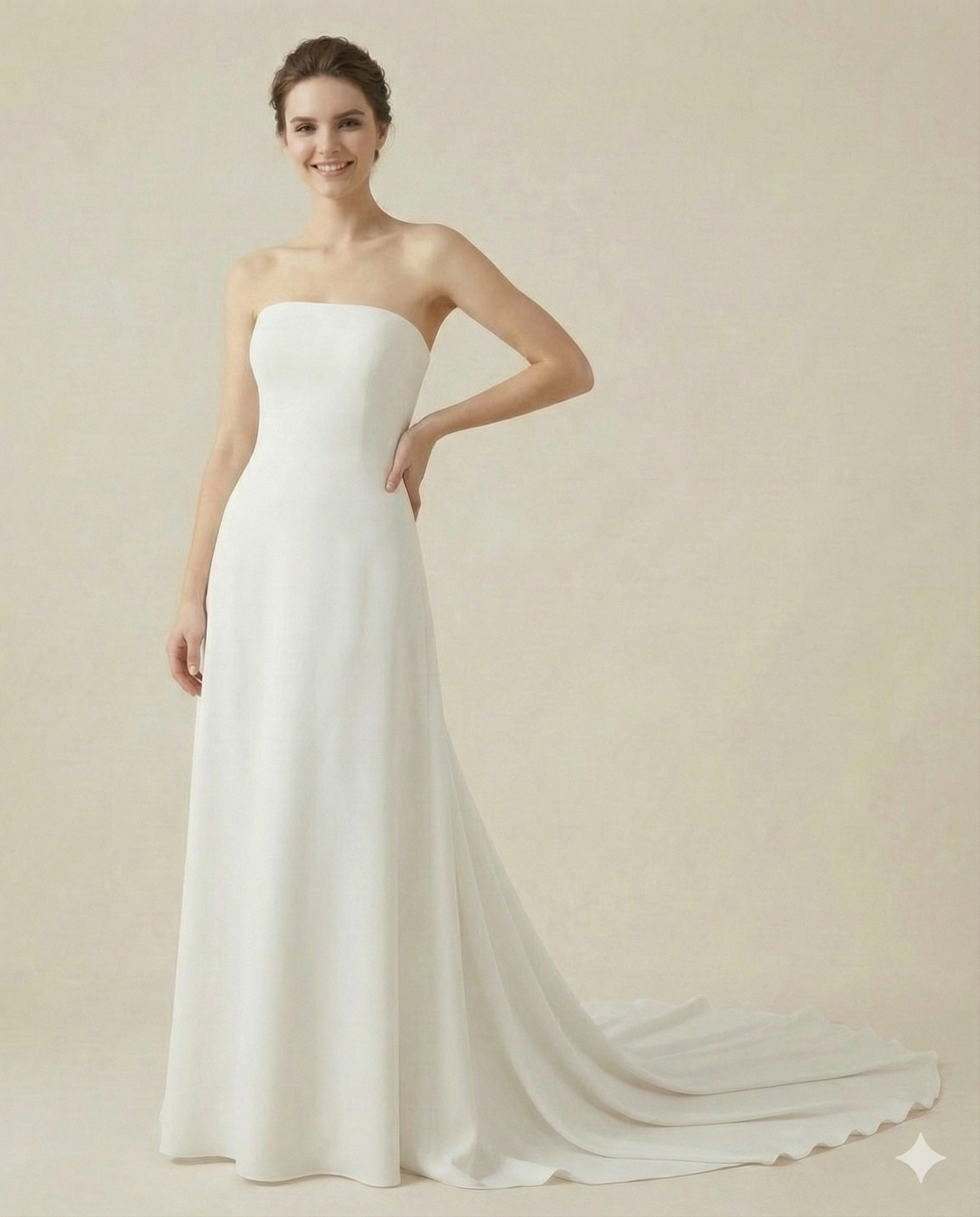 Custom minimalist wedding dress with a strapless bodice and clean silhouette, handcrafted in our Florida bridal atelier.
