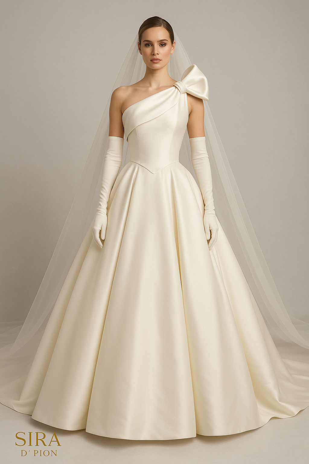 A woman in a white wedding gown with a large bow on her shoulder and matching gloves, standing against a neutral background.
