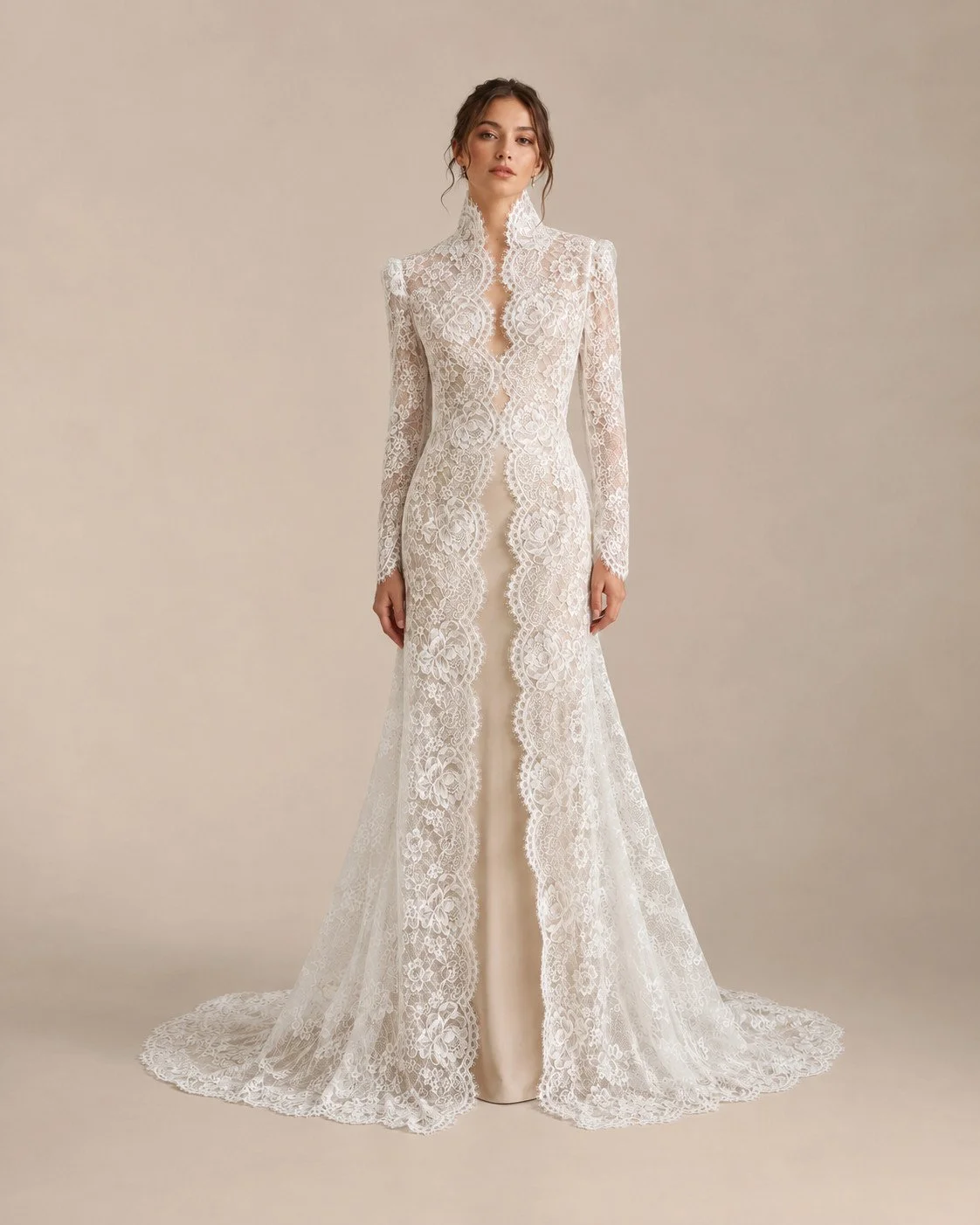 French Lace Wedding Dress Overlay, Long Sleeve Chapel Train Bridal Gown Cover Up