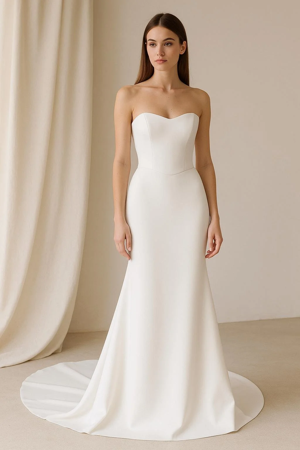 A woman wearing a strapless white wedding gown standing on a white circular platform near beige curtains.
