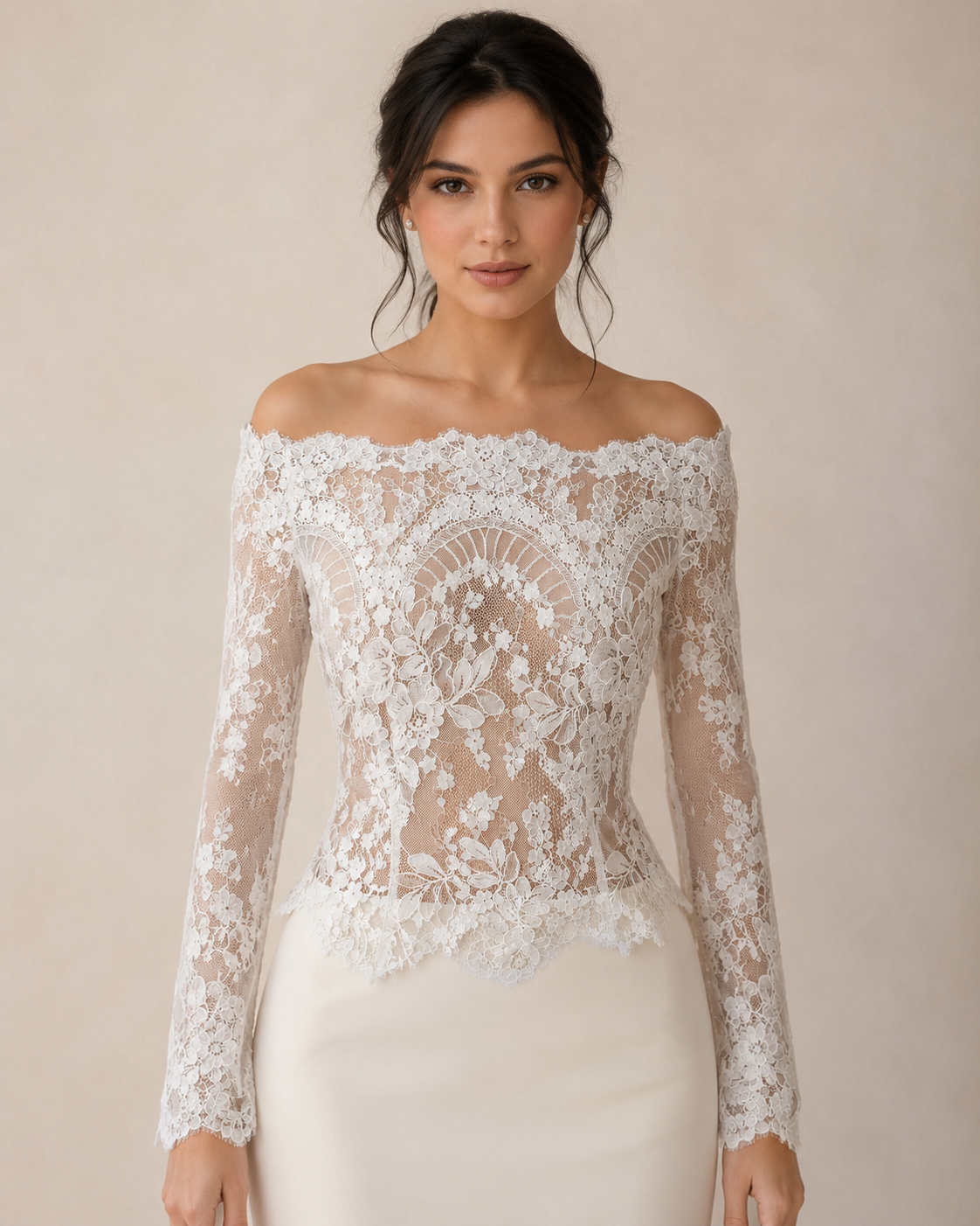 Ethereal Lace Elegance Off-Shoulder French Lace Bridal Topper