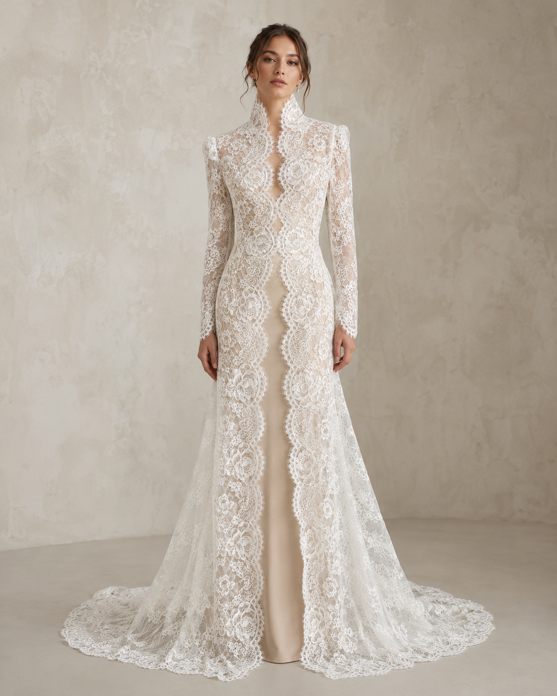 French Lace Long Bridal Overlay Gown with Long Sleeves