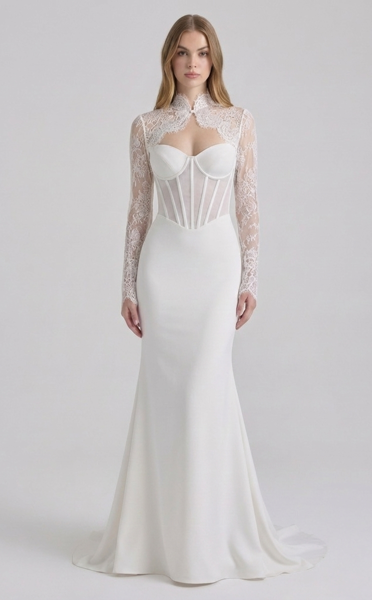 Minimalist custom wedding dress featuring a fitted silhouette and clean couture lines, tailored to the bride’s measurements.