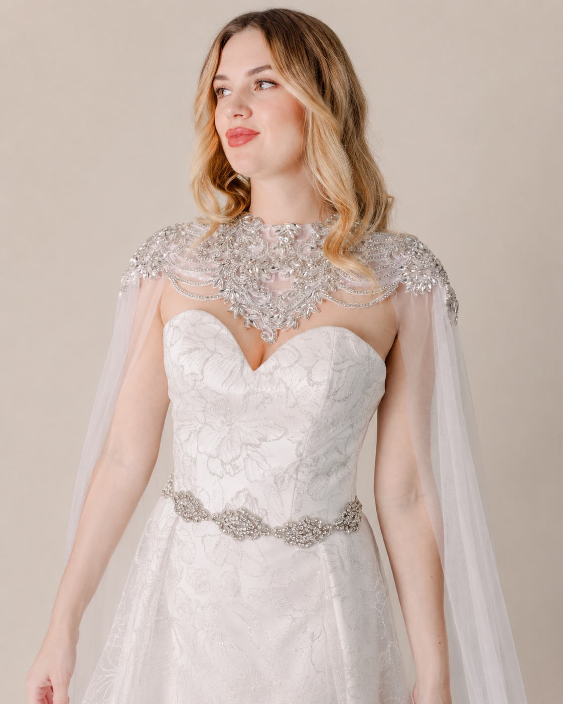 Crystal-Embellished Sheer Bridal Cape