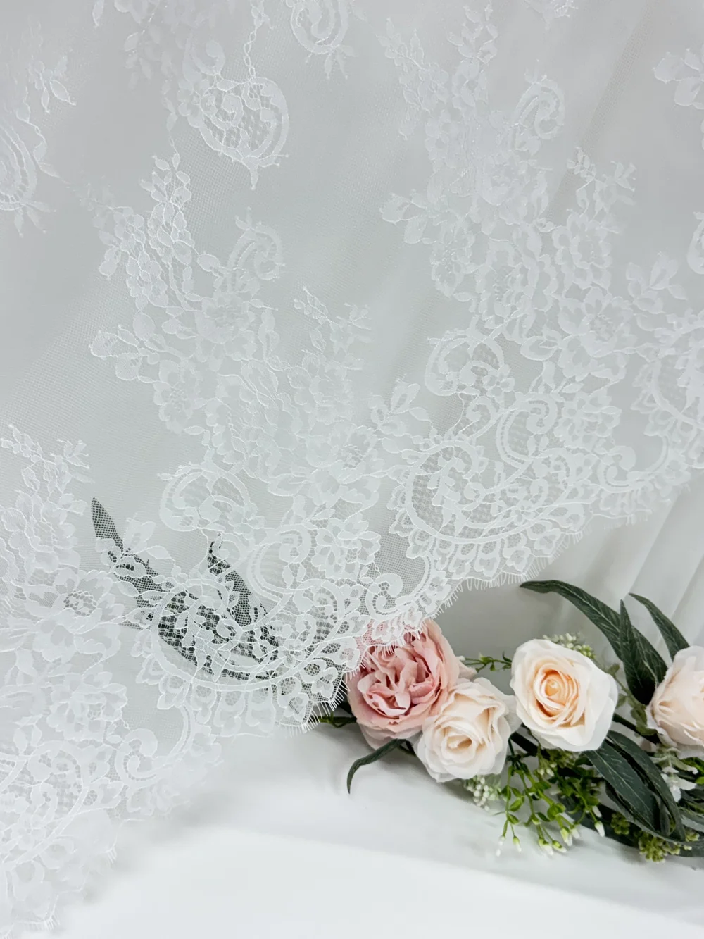 Soft Chantilly Lace Panel with Double Scalloped Eyelash Border | 3 Yards   59" Bridal Fabric |