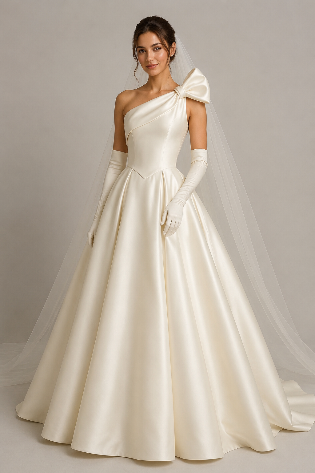 One-shoulder satin ball gown with a sculpted bow, fitted corset bodice, dropped waist, full pleated skirt, matching gloves and a dramatic cathedral veil.