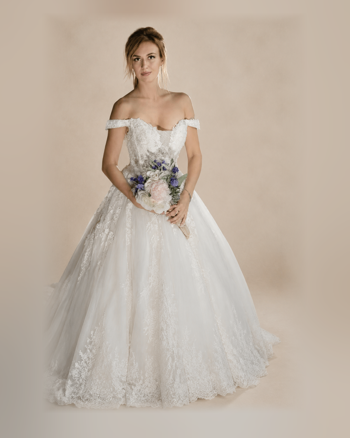 Off-Shoulder Lace Appliqué Ball Gown