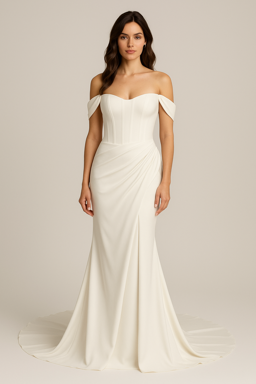 A woman wearing a strapless, off-the-shoulder white wedding gown with a fitted bodice and a slight train.