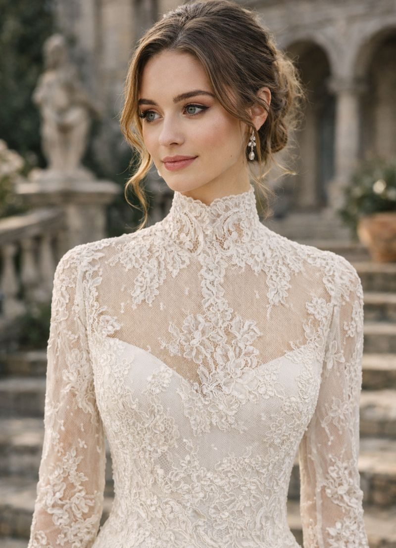 Bride wearing a long-sleeve ivory lace wedding dress with a high neckline and sheer floral lace bodice, styled with a soft low updo, photographed outdoors on stone steps.