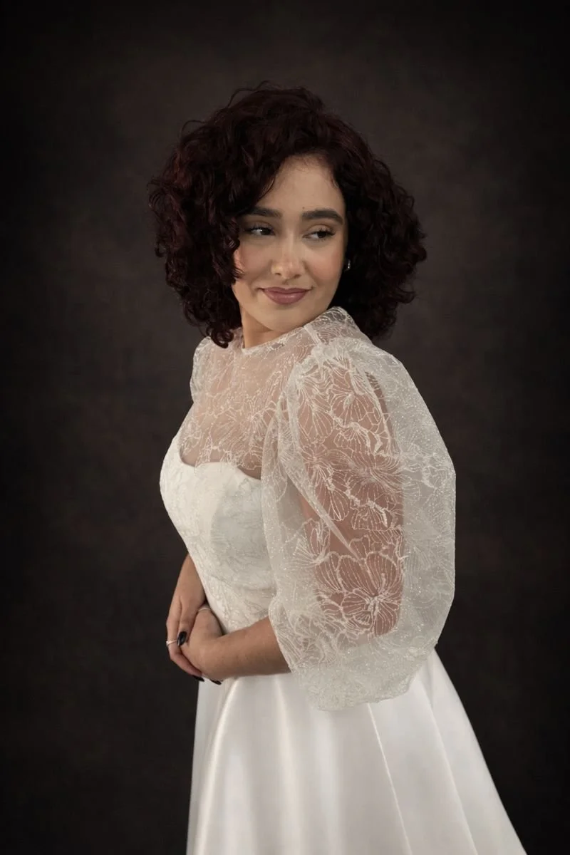 Sparkling Wedding Dress Topper with Puffy Sleeves