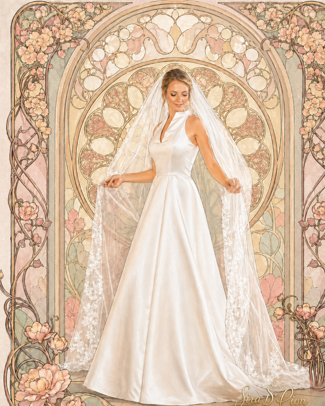 Cathedral veil. A-line Sating Bridal Gown Mikado. High neckline by Sira D' Pion Bridal atelier Cincinnati Ohio, Reading bridal Distric