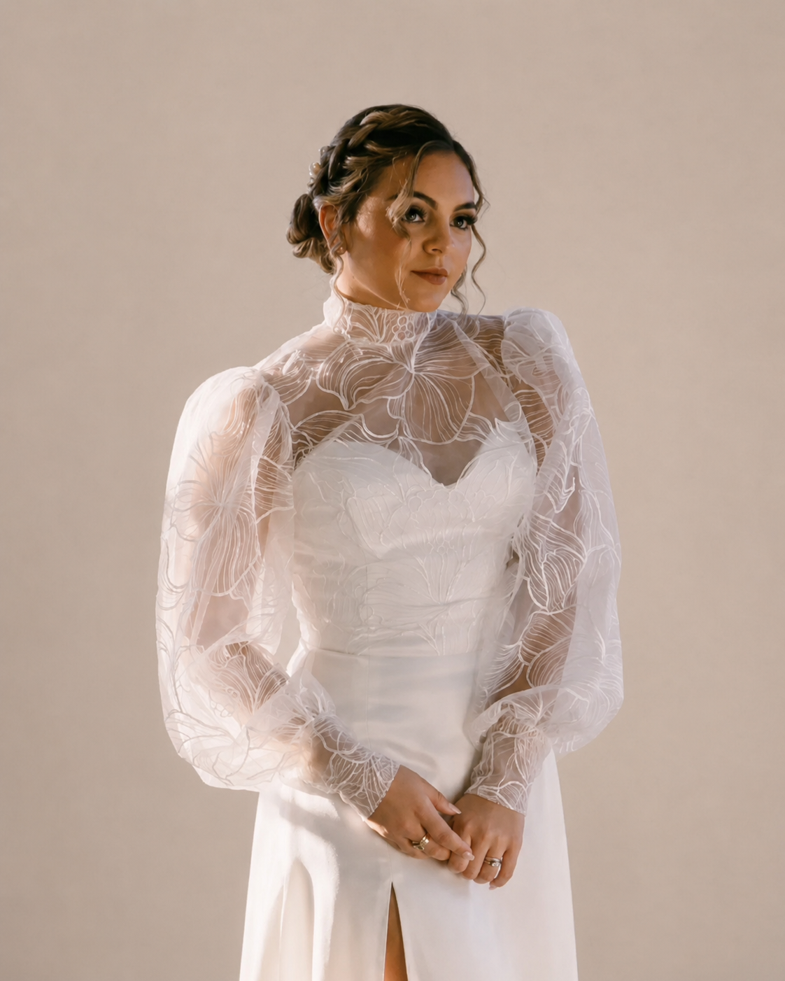 High-Neck Lace Bridal Bolero with Puff Sleeves
