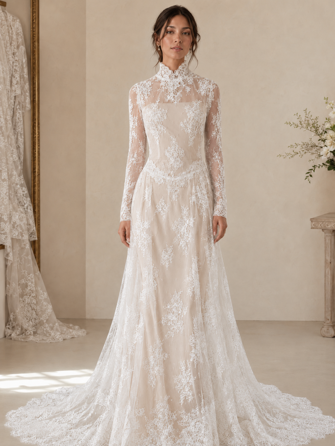 Ethereal Lace Elegance Wedding Gown French Lace Overlay