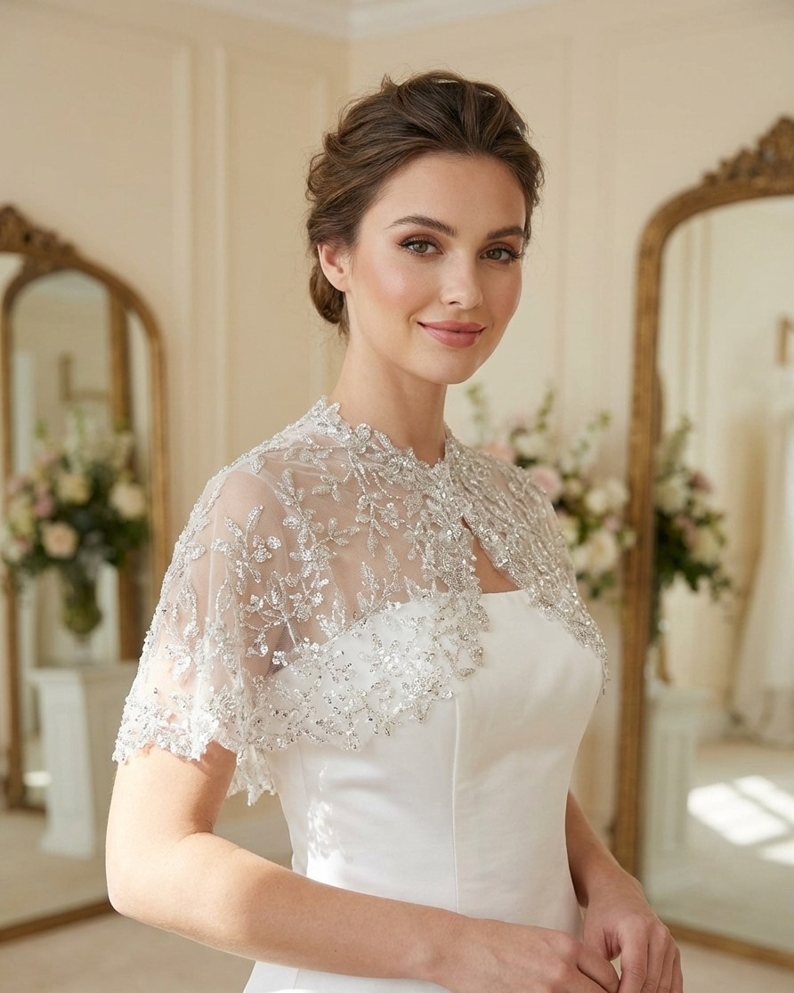 Ivory Beaded Lace Bridal Capelet – Sheer Wedding Topper
