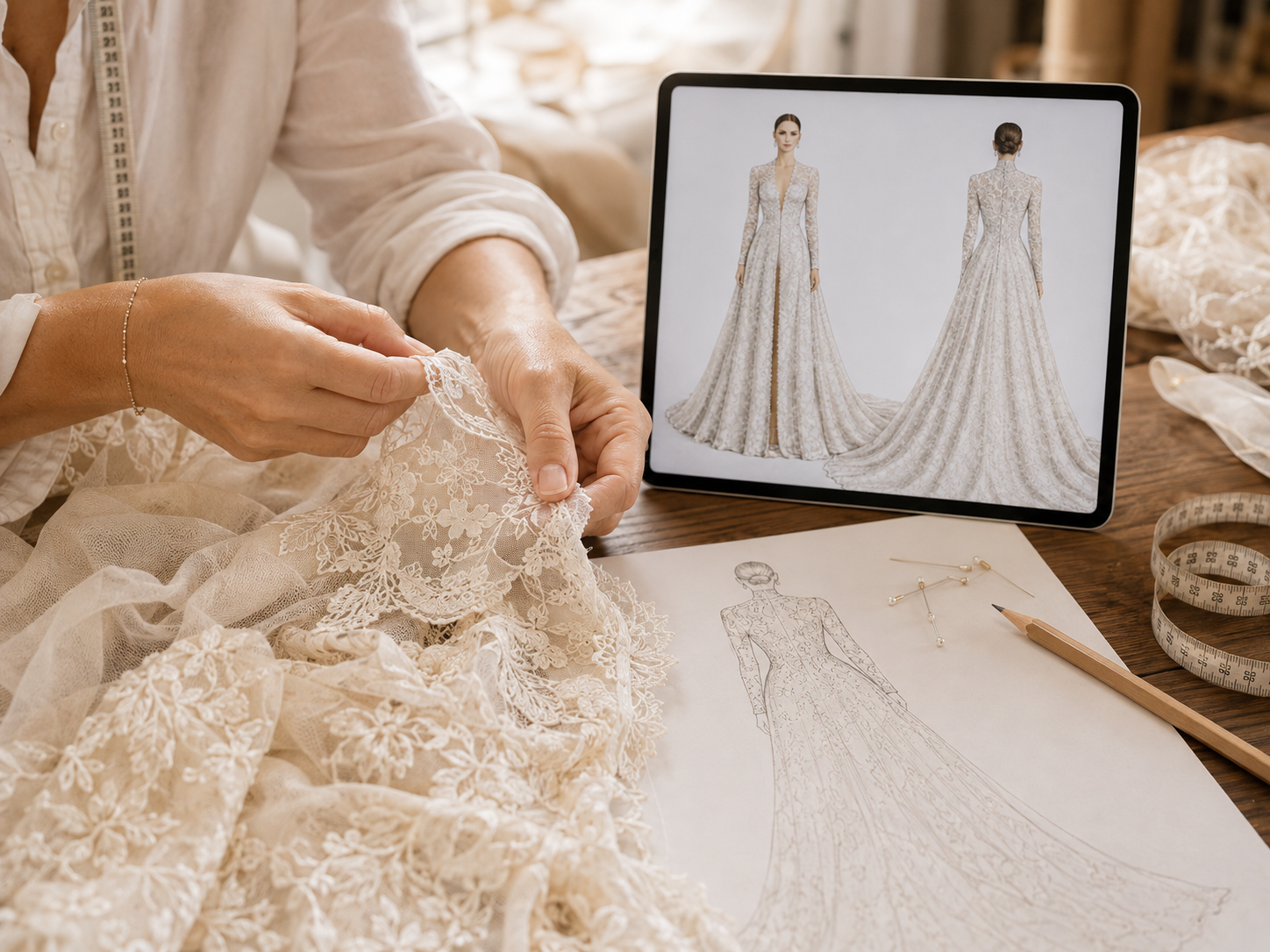 Ivory bridal lace beside a digital wedding dress concept on a tablet, illustrating how Sira D’ Pion transforms AI inspiration into a custom wedding gown.