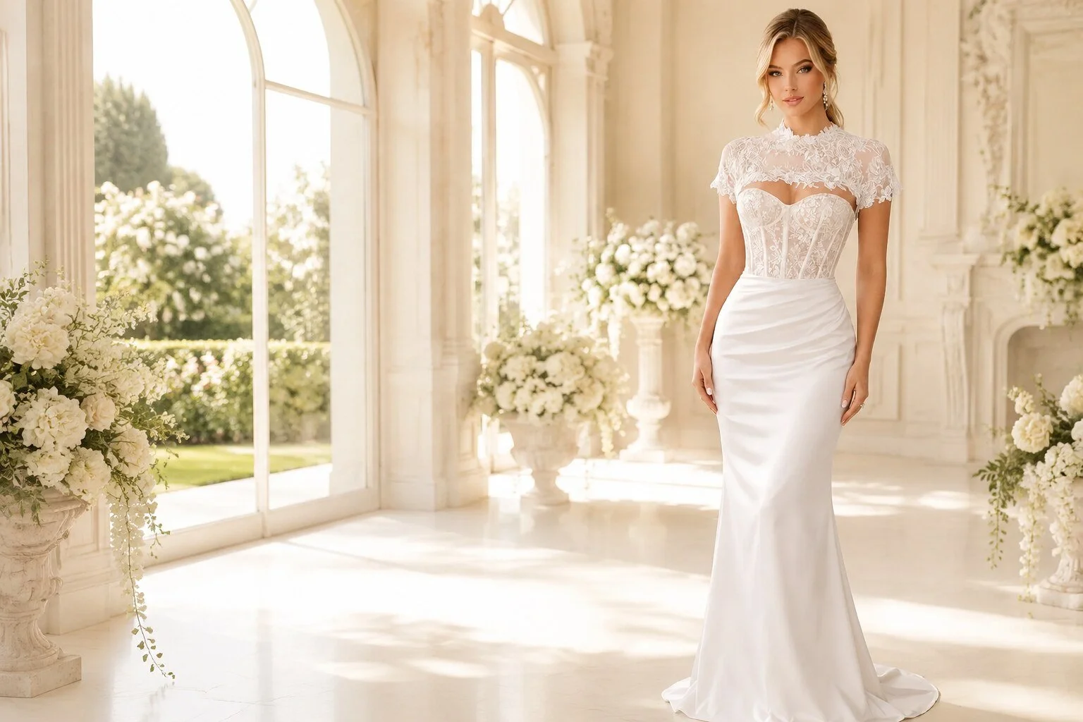 Sira D' Pion fitted satin wedding gown with lace bodice in an elegant sunlit bridal salon