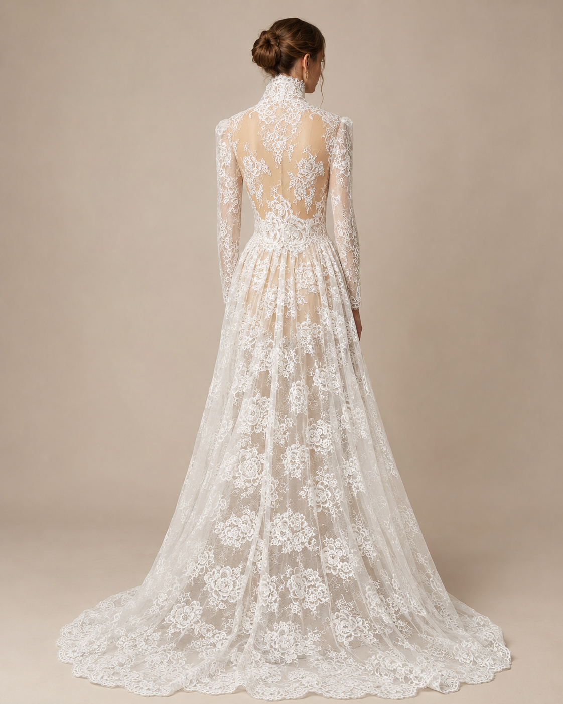 French Lace Long Bridal Overlay Gown with Long Sleeves