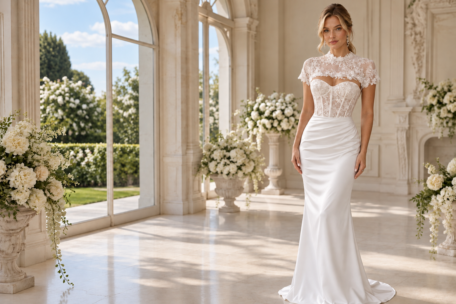 Sira D' Pion fitted satin wedding gown with lace bodice in an elegant bridal salon with soft natural daylight
