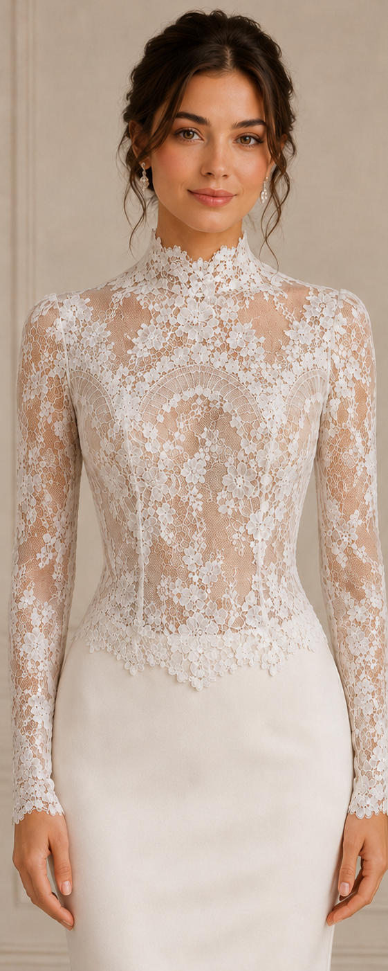 High Neck Couture French Lace Bridal Topper, Sheer Long Sleeve Wedding Dress Blouse, Luxury Lace Cover Up