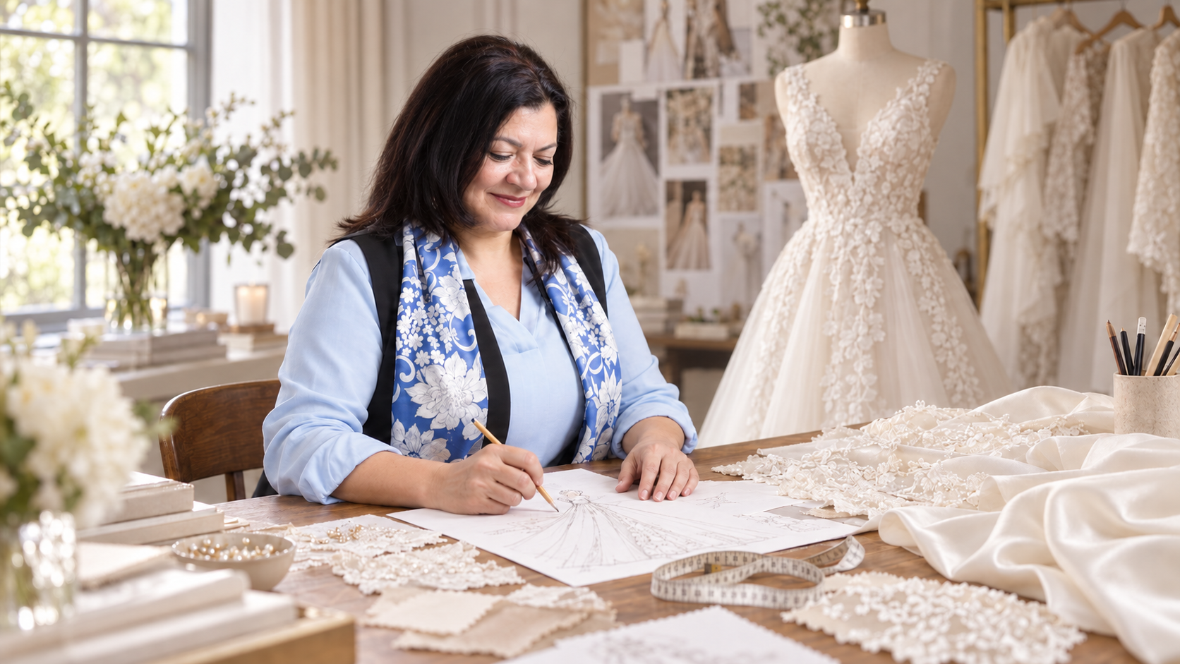 AI-edited portrait of Sira sketching a custom wedding gown at a design table with lace and fabric