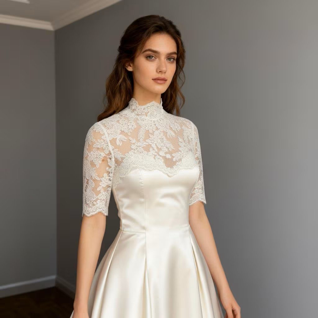 Ivory Alençon Lace Bridal Bolero – High Neck Wedding Cover-Up