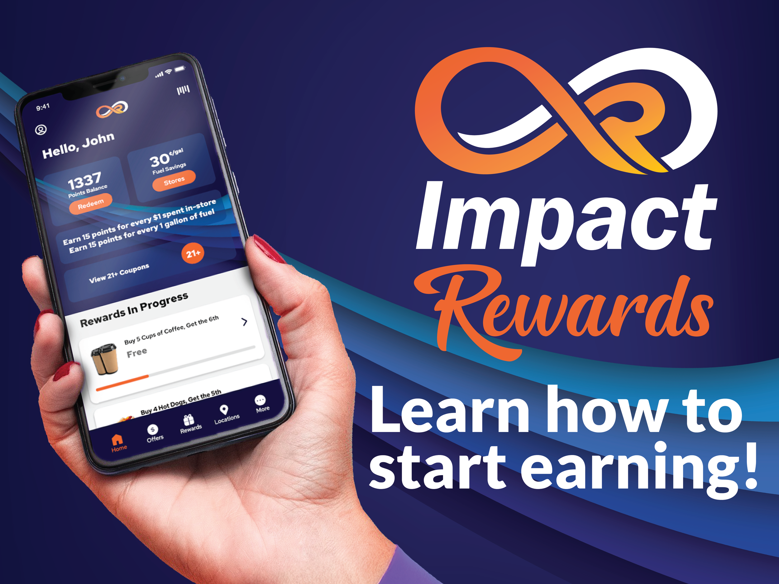 A hand holds a phone displaying the Impact Rewards loyalty app next to the Impact Rewards logo and text that says Learn how to start earning