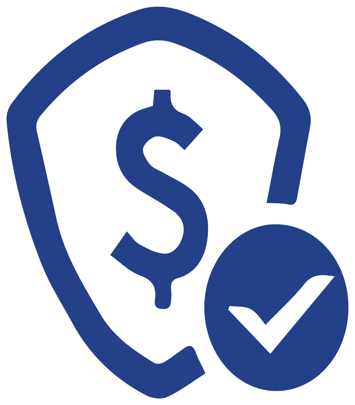 A protective shield with a dollar sign on the front and a check mark in the lower right edge.