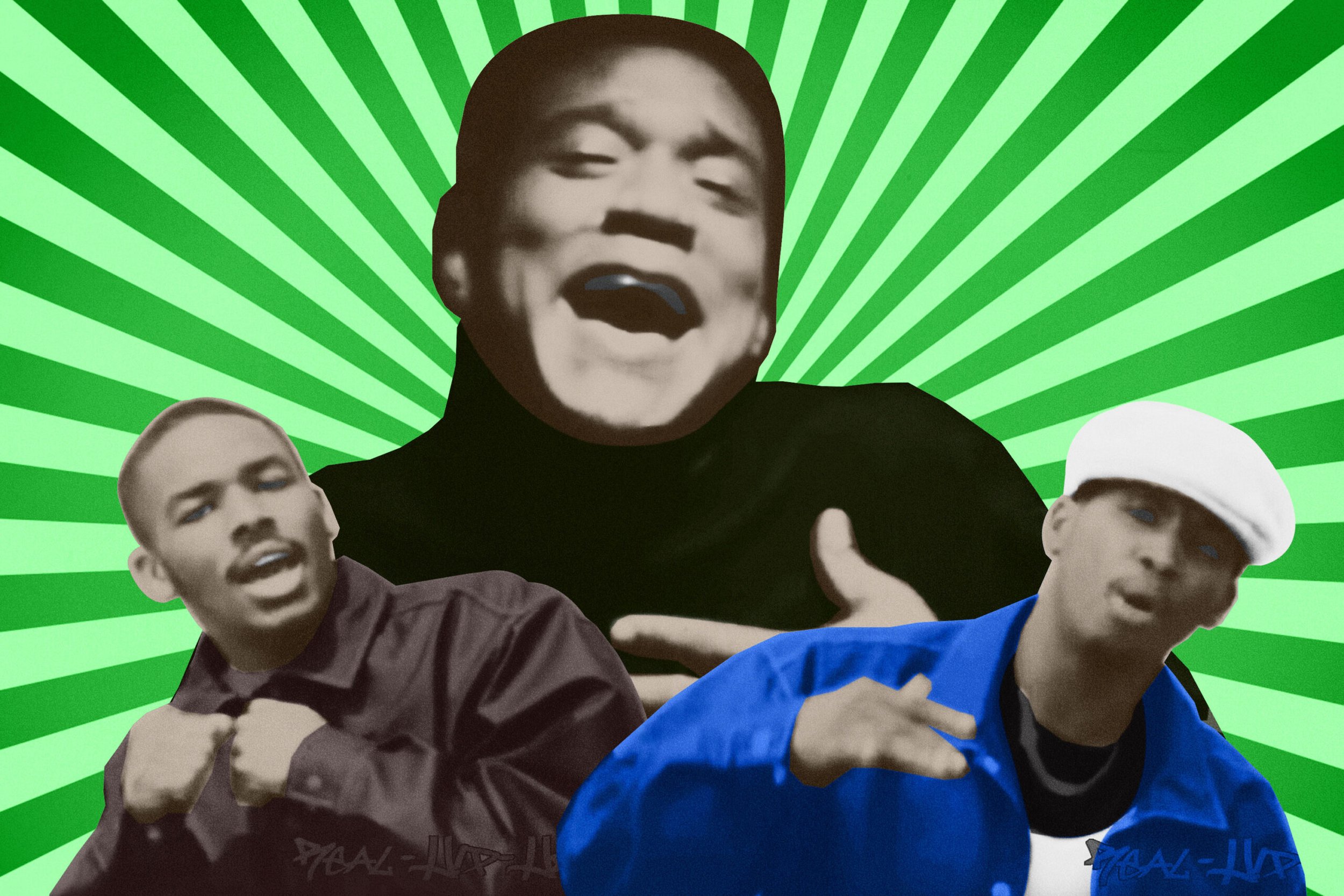 Collage-style image featuring three animated boys with exaggerated facial expressions and arm gestures, set against a bright green background with radiant lines.