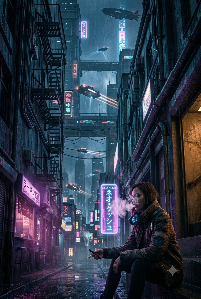 A woman sitting on a city street curb at night, smoking and looking at her phone, surrounded by neon signs, with flying cars overhead in a futuristic cyberpunk cityscape.