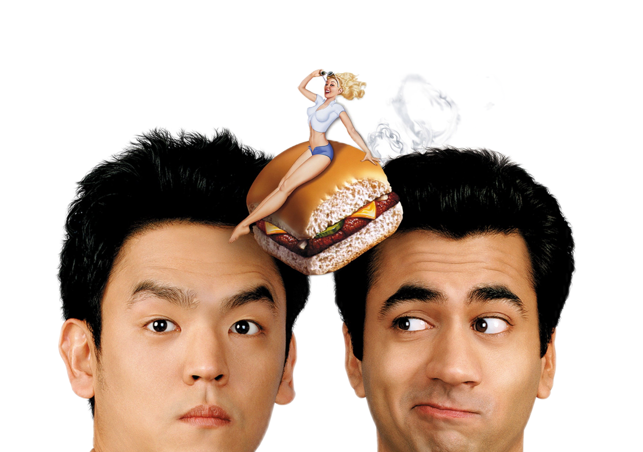Two men with surprised expressions have a large hamburger on their heads, with a cartoon woman sitting on top of the burger, looking through binoculars.