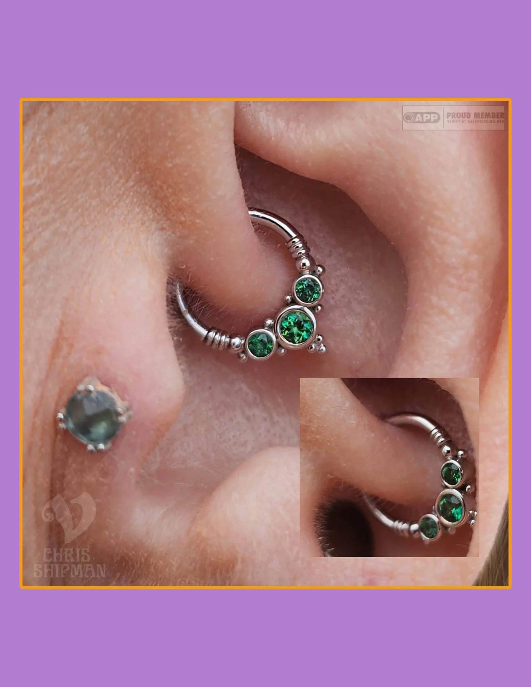 Fresh daith piercing by Chris Shipman featuring a white gold Sylvie ring with rainforest topaz by BVLA at Visions Tattoo Gallery in Medway MA