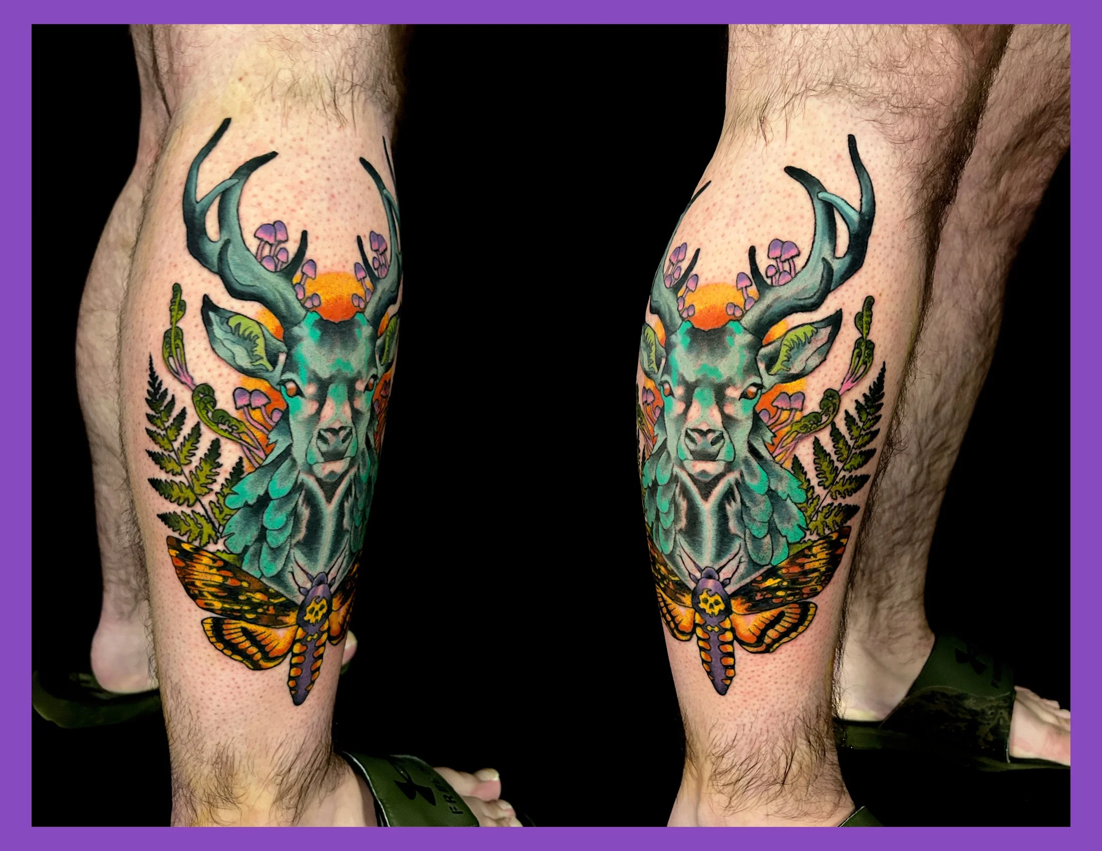 Custom colorful Ravenstag tattoo by Canman featuring a death’s-head moth, bracken ferns and fungi on the lower legs at Visions Tattoo Gallery in Medway, Massachusetts.