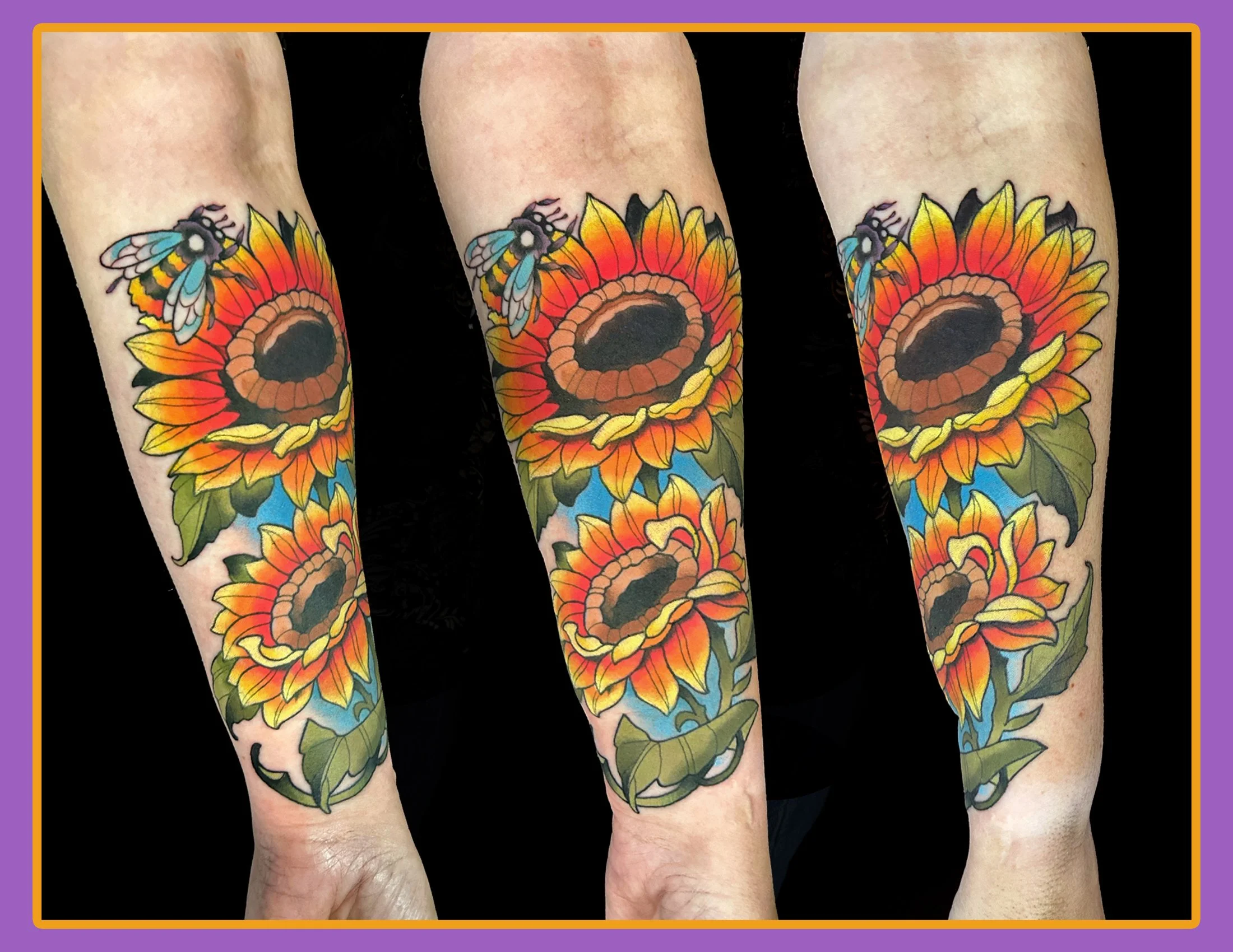 Neo-Traditional Sunflower and Bumblebee Tattoo by Canman | Medway MA
