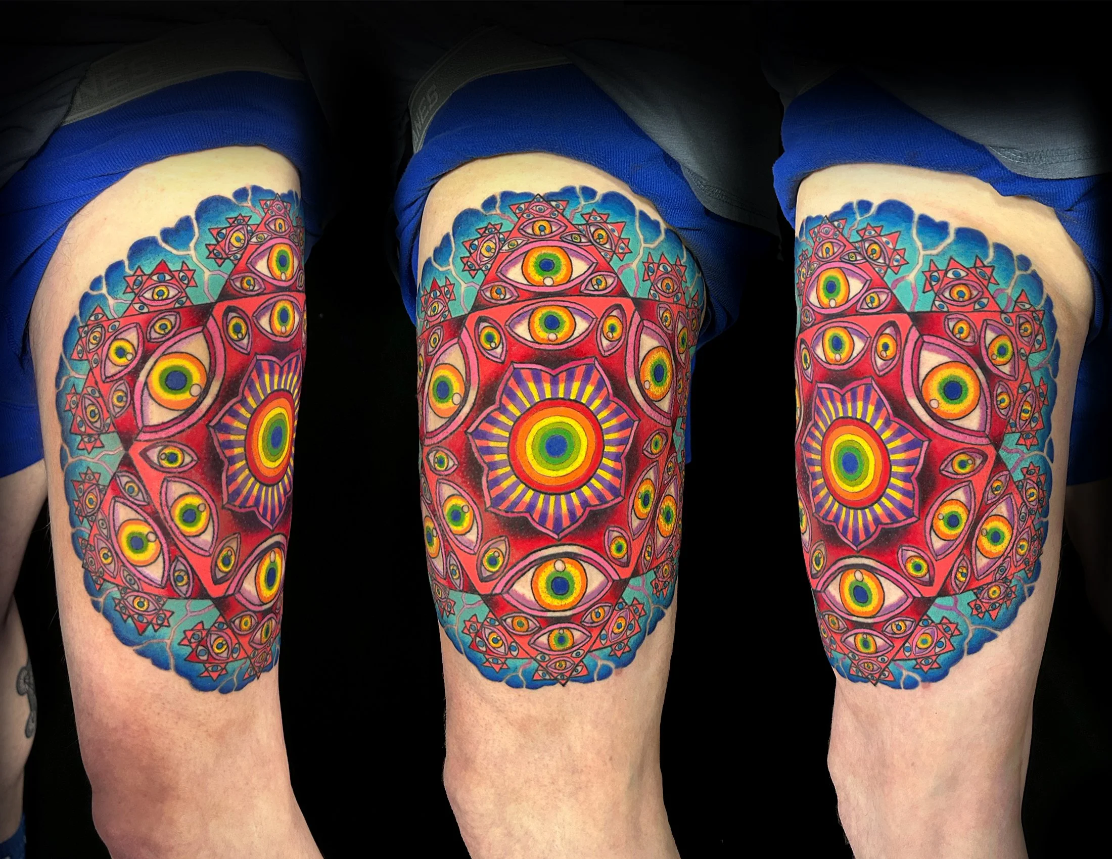 Alex Grey-inspired Vision Crystal color tattoo by Canman featuring vibrant rainbow eyes, intricate geometric patterns, and a radiant central sunburst on the upper arm at Visions Tattoo Gallery in Medway, Massachusetts.