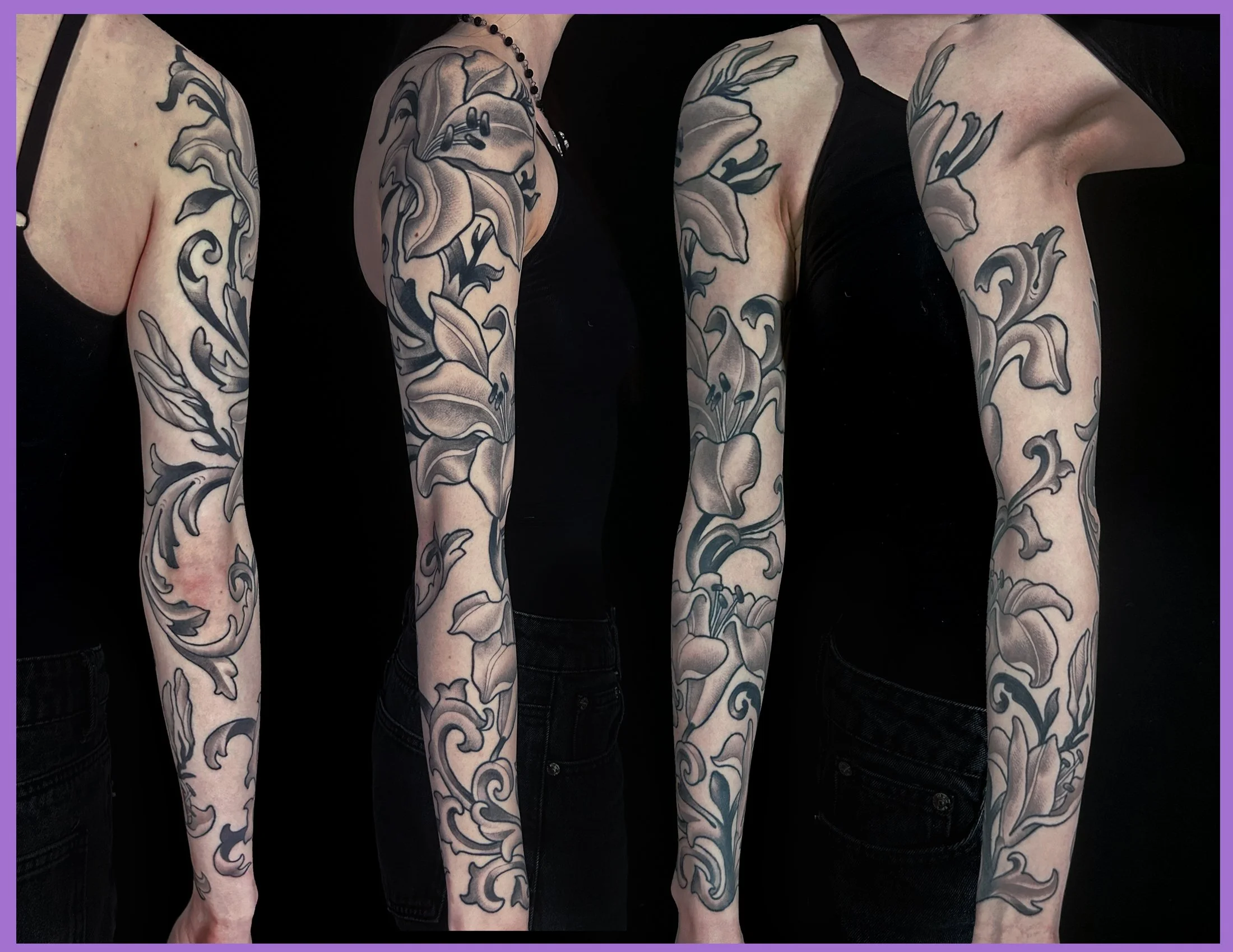 Explore this custom Art Nouveau filigree floral sleeve tattoo designed by Canman at Visions Tattoo Gallery in Medway MA. Inspired by botanical patterns, ornamental art, and timeless design.