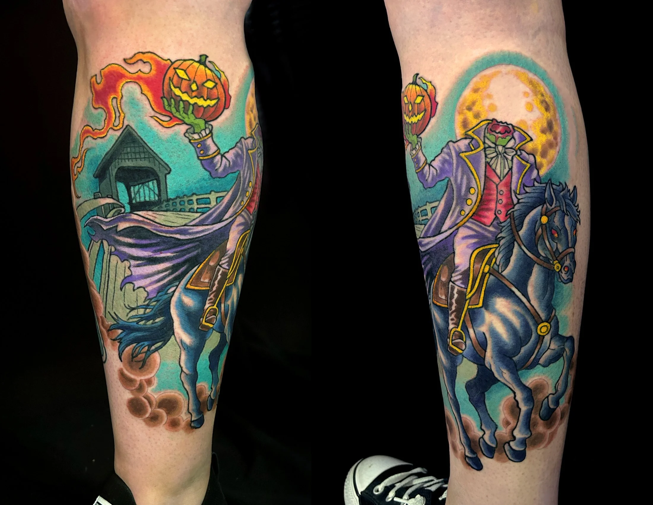 Illustrative Headless Horseman color tattoo by Canman at Visions Tattoo Gallery in Medway, Massachusetts, featuring a dark horse, pumpkin head, moon, and detailed fantasy artwork.