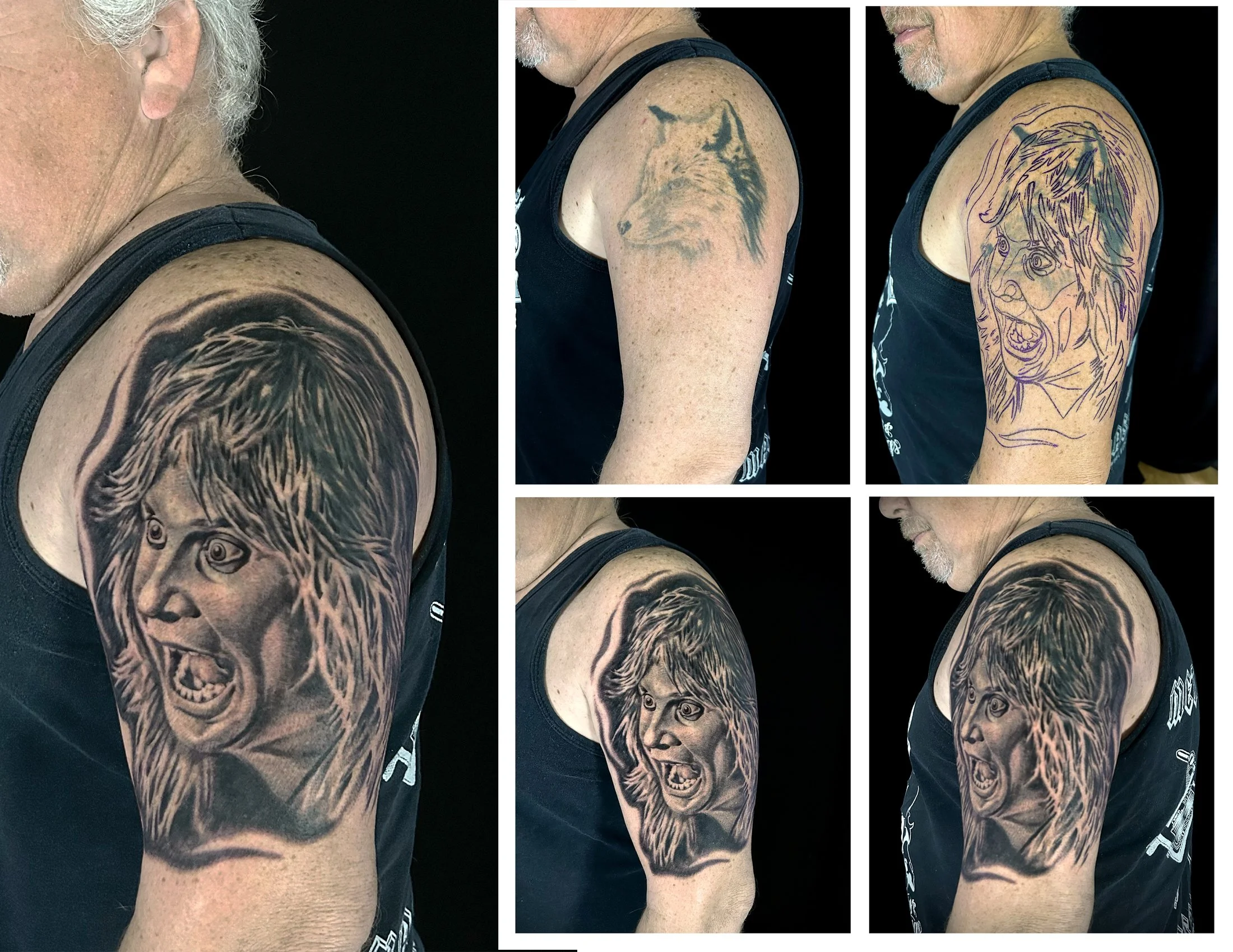 Discover Canman’s incredible Ozzy Osbourne cover-up tattoo, transforming old ink into a bold black and grey portrait. See how expert shading and design can completely refresh your tattoo.