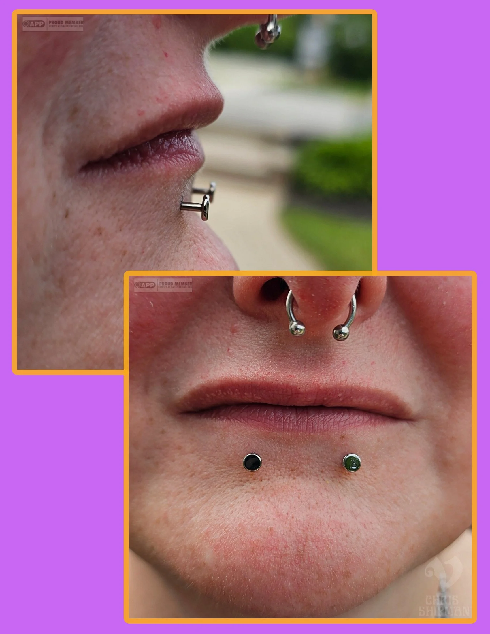 Fresh paired labret piercings by Chris Shipman at Visions Tattoo Gallery featuring implant-grade titanium Anatometal jewelry in Medway MA.