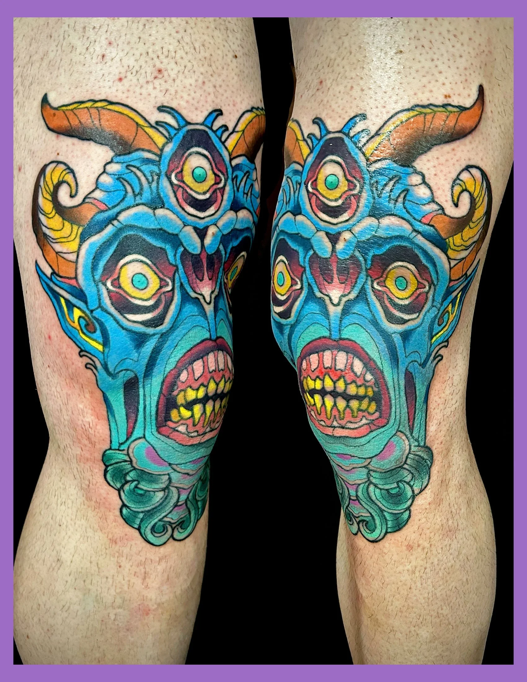 Explore this custom blue Neo Traditional demon knee tattoo by Canman at Visions Tattoo Gallery in Medway, MA designed to move as the knee bends.