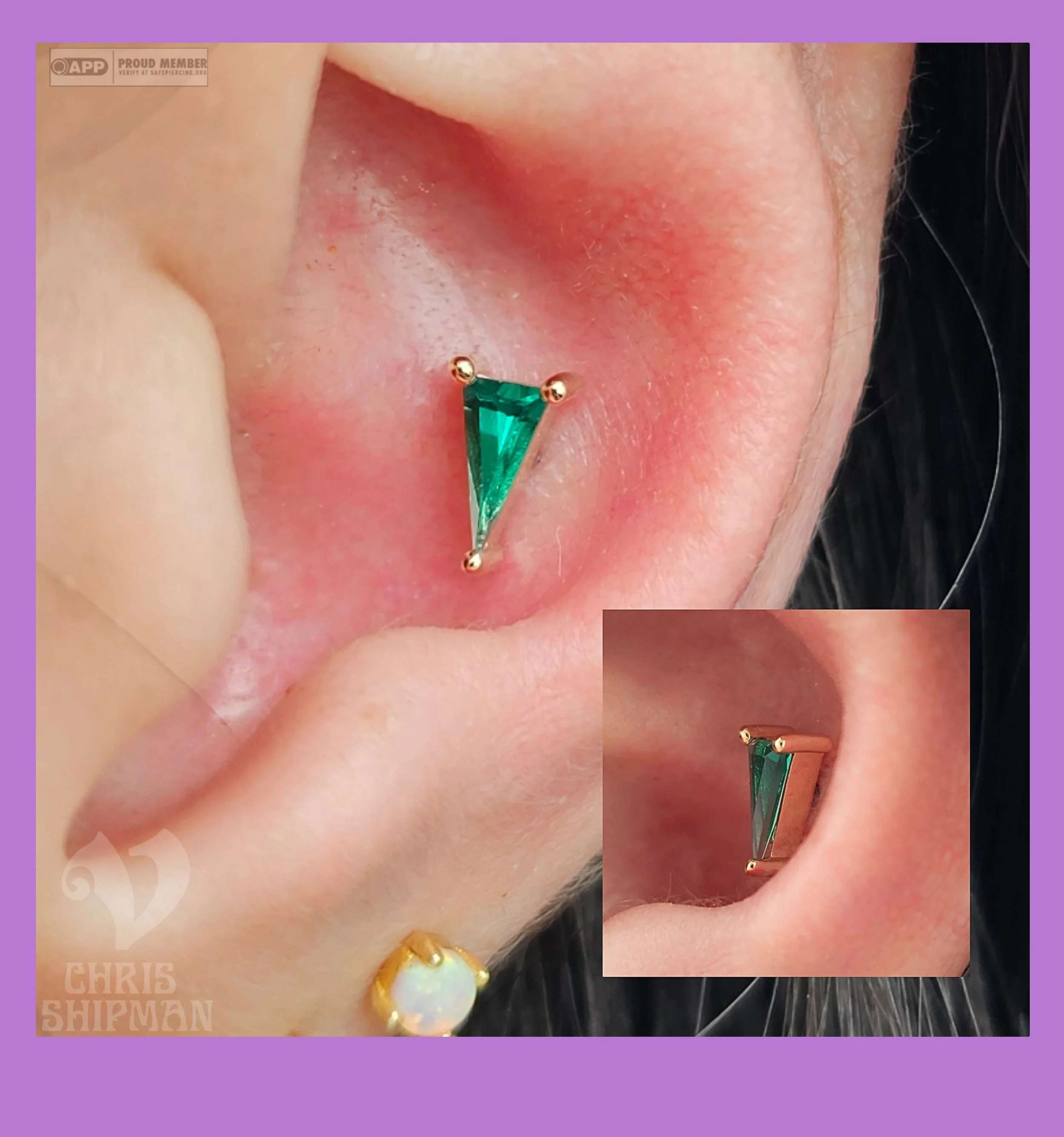 Fresh conch piercing by Chris Shipman at Visions Tattoo Gallery with BVLA Pennant Prong jewelry in 14K gold and genuine Chatham emerald.