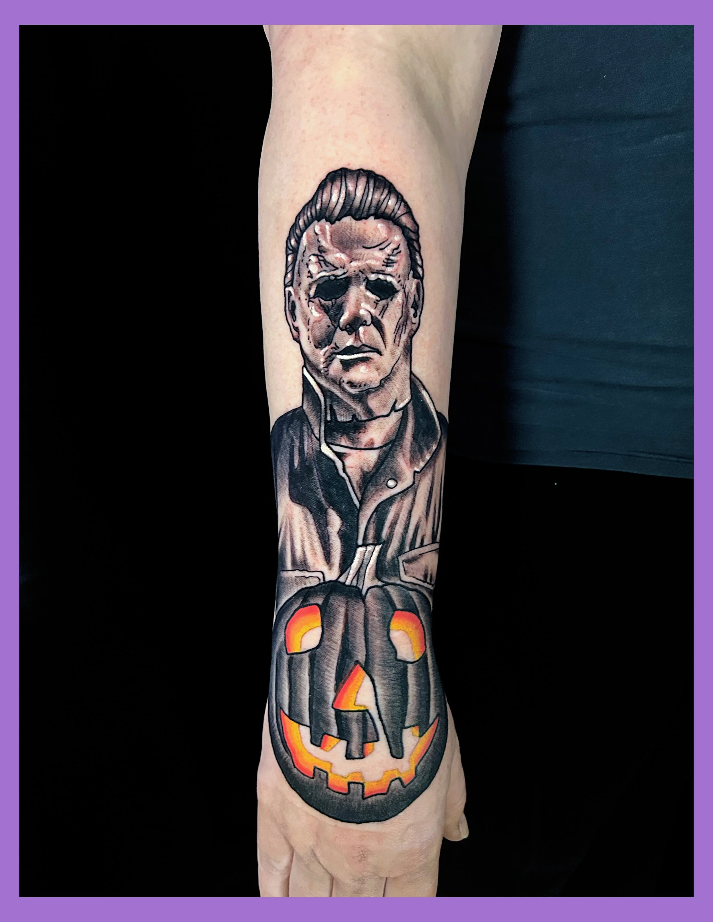 Custom Michael Myers Halloween tattoo designed by Canman at Visions Tattoo Gallery in Medway, MA. Explore horror tattoo inspiration, Halloween movie history, and cinematic tattoo artistry.