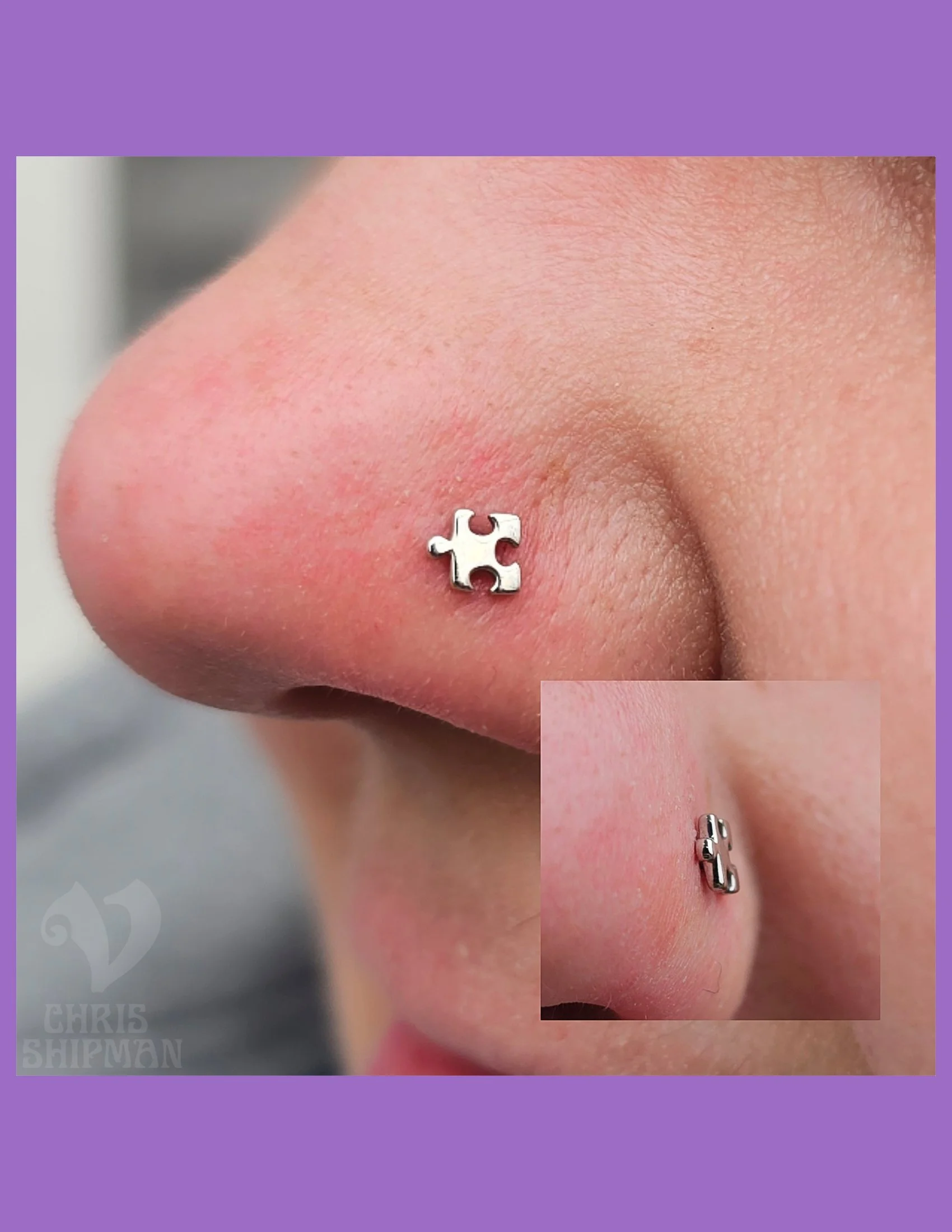 Fresh nostril piercing by Chris Shipman at Visions Tattoo Gallery featuring a 14K white gold BVLA puzzle piece in Medway MA.