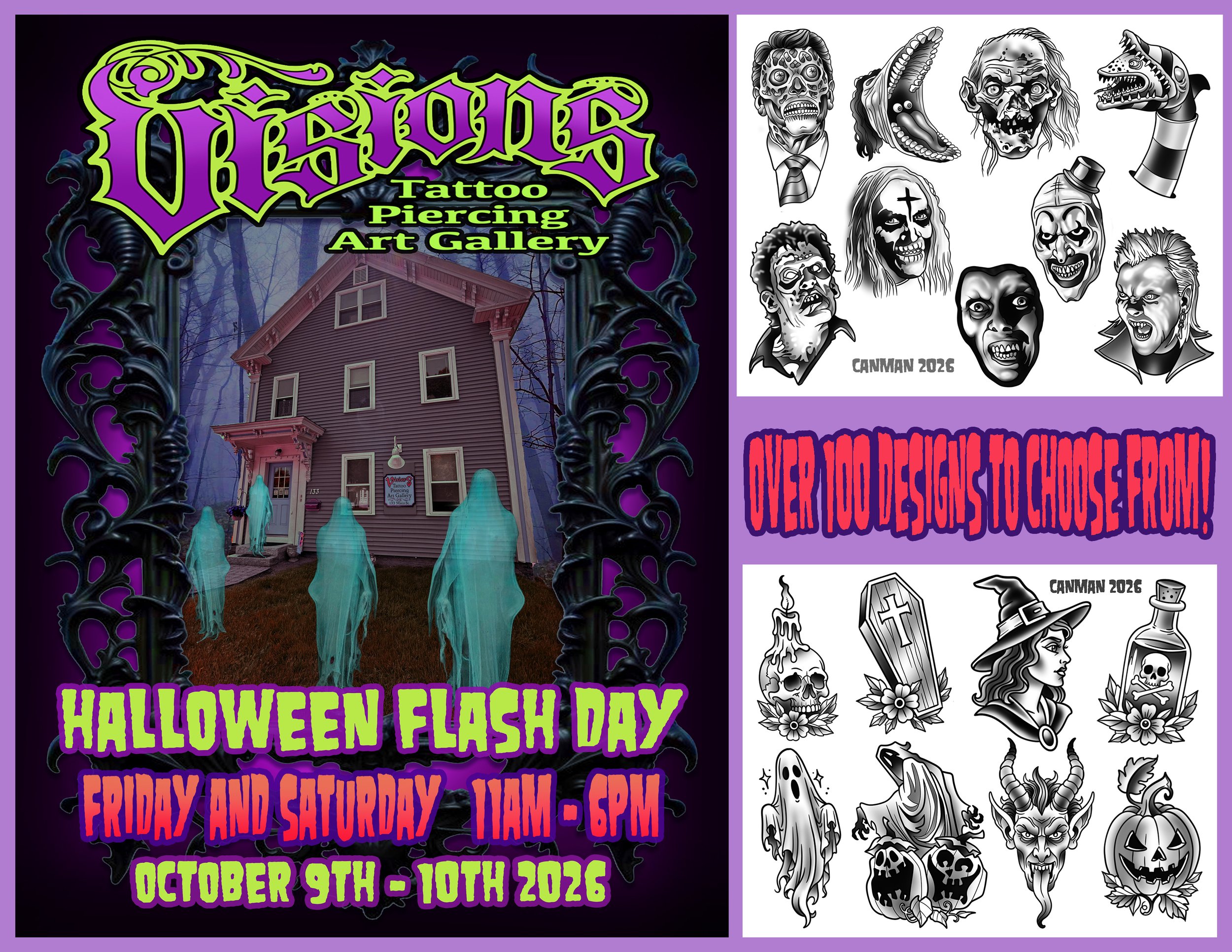 Visions Tattoo Piercing Art Gallery Halloween Flash Days October 9th and 10th 2026 Medway Massachusetts