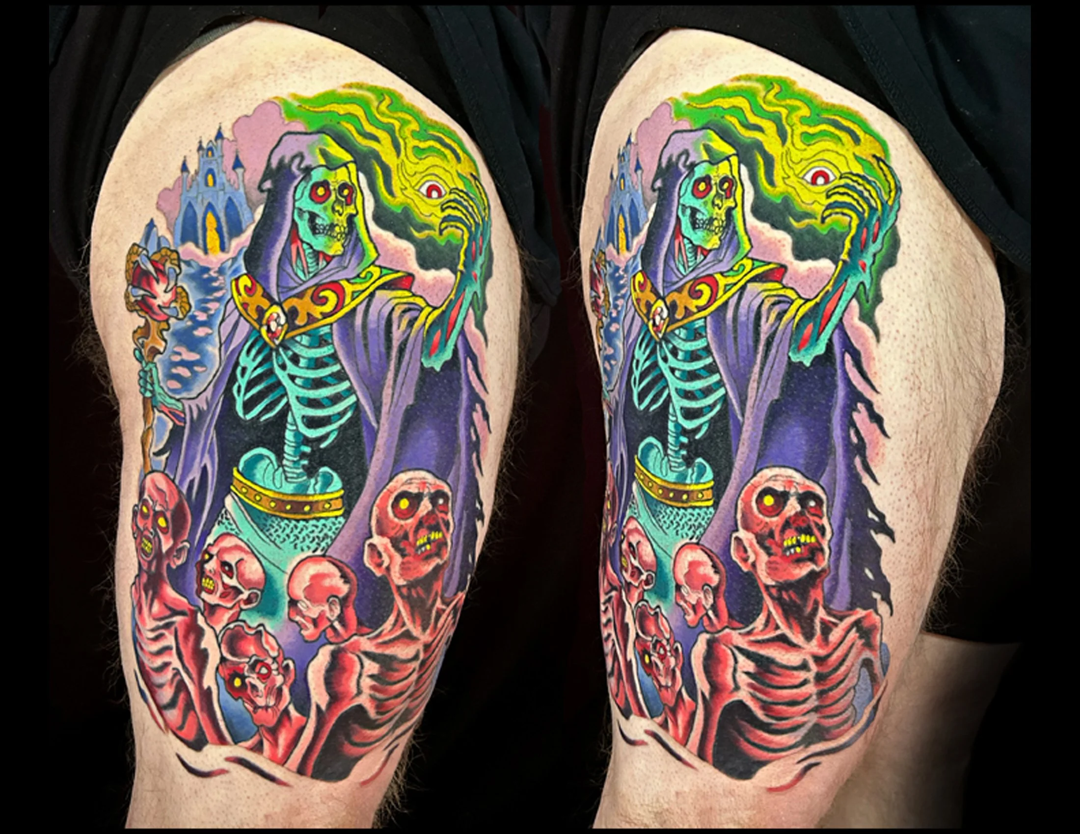 color necromancer and zombies tattoo by cannan done at visions tattoo gallery in medway, ma.