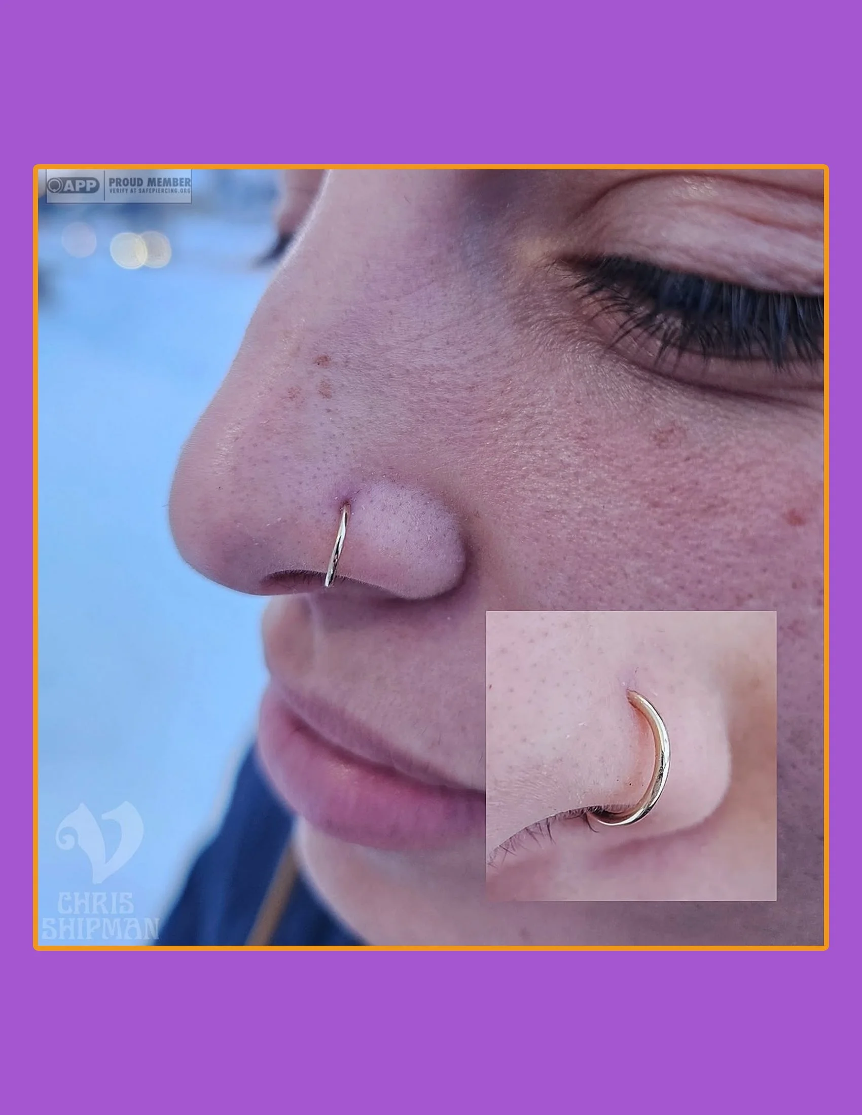 Healed nostril piercing by Chris Shipman at Visions Tattoo Gallery in Medway MA featuring a solid 14K yellow gold BVLA seam ring