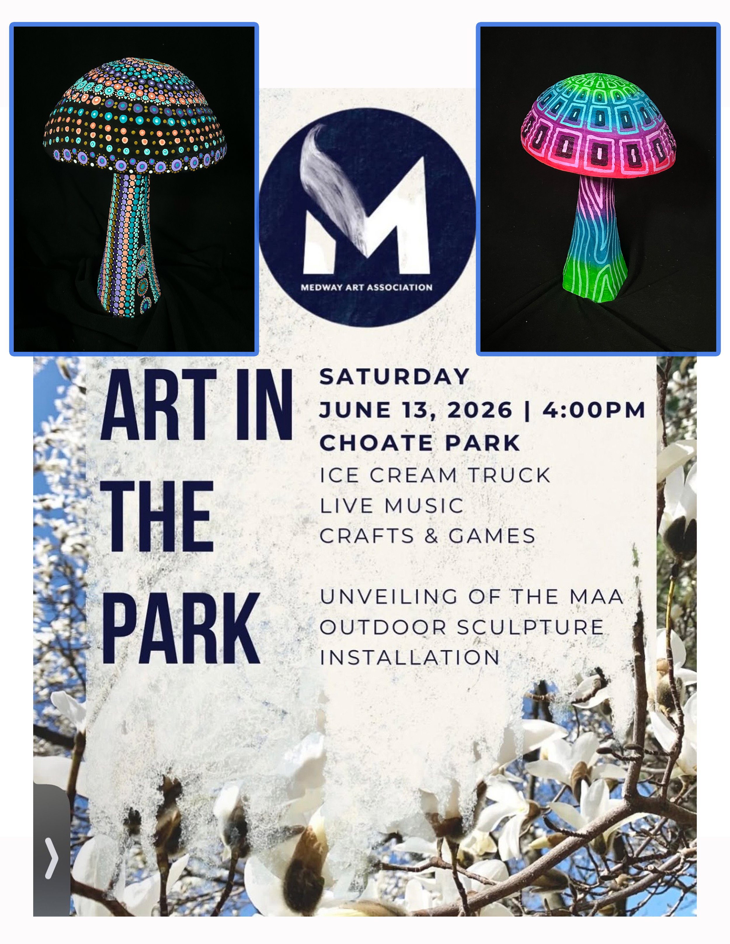 Explore New mushroom sculptures by Angela and  Canman at the Medway Art Association’s “Rebirth & Renewal” outdoor exhibit at Choate Park, Medway MA — June 13, 2026.