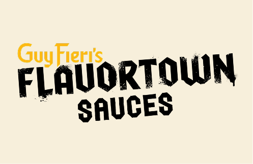 Logo for Guy Fieri's Flavortown Sauces with stylized black and yellow text on a beige background.