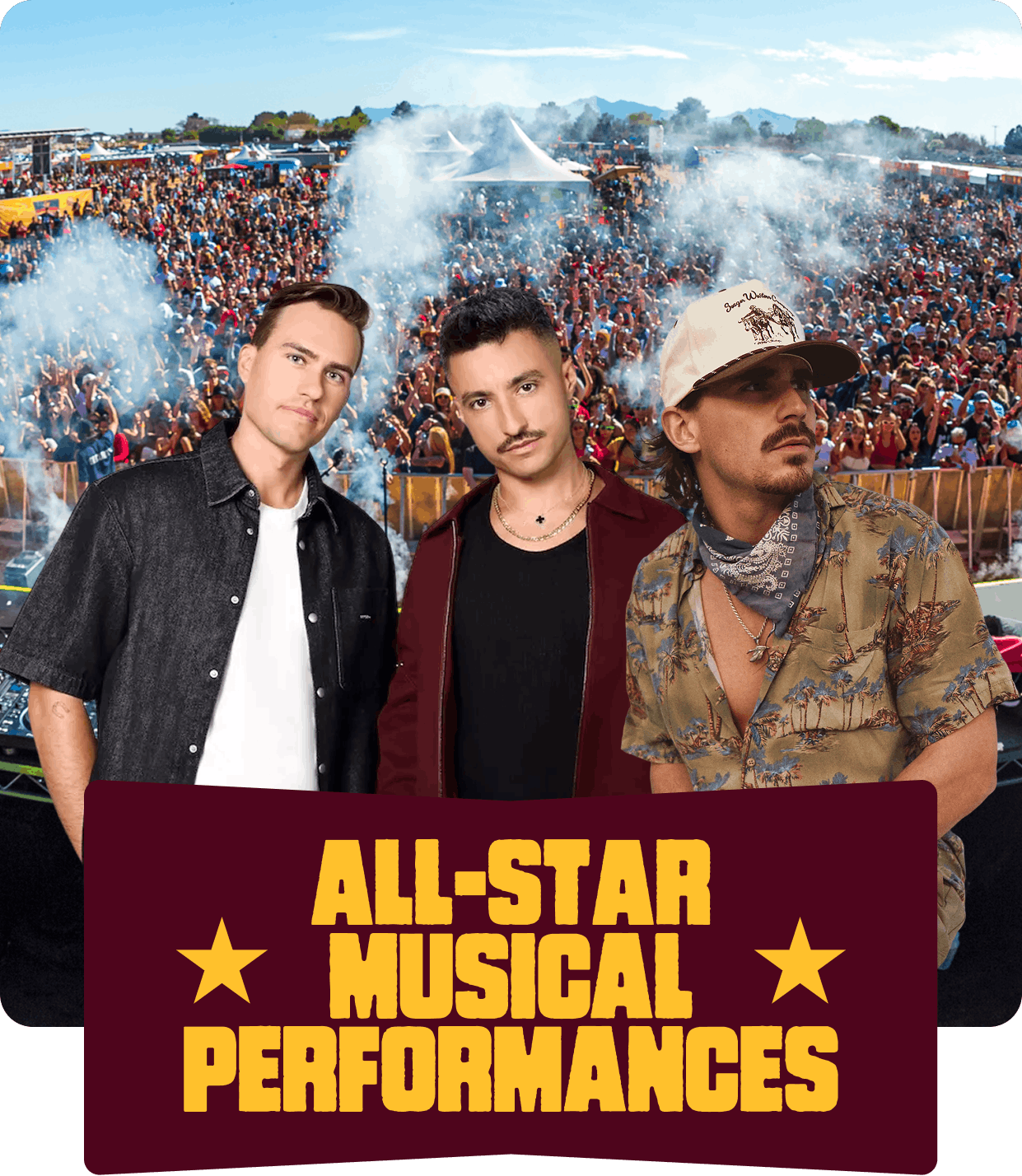A promotional poster for a musical concert featuring three male performers in front of a large crowd at an outdoor festival with smoke and tents in the background. The banner reads 'All-Star Musical Performances'.